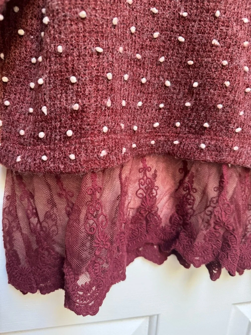 Altar'd State Lace Hem Polka Dot Embellished L/Sleeve Burgundy Red Sweater Large